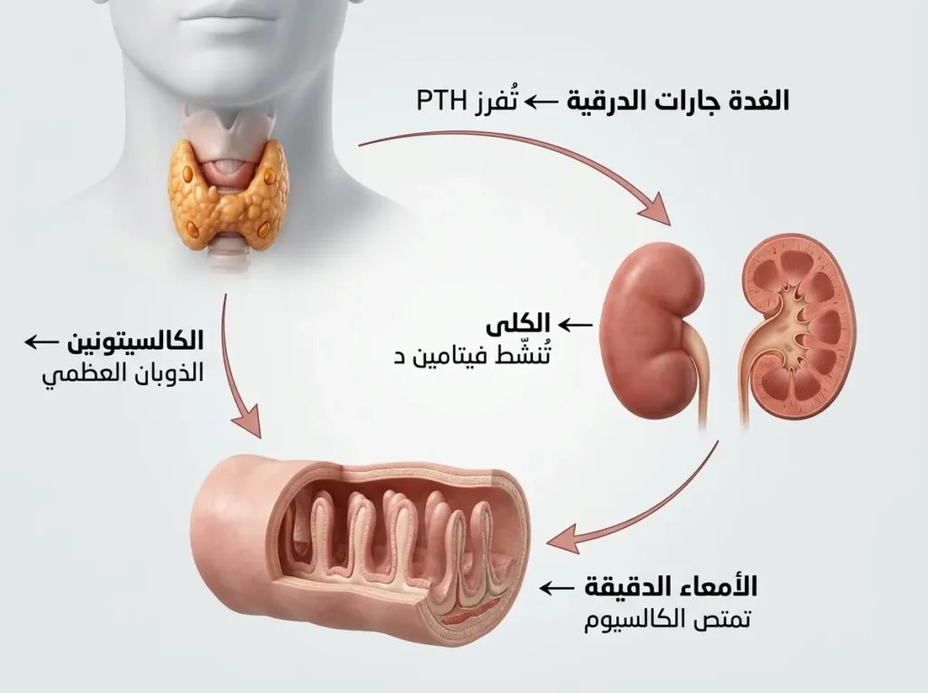 رسم ثلاثي الأبعاد يوضح آلية تنظيم الكالسيوم في الجسم عبر الغدة جارات الدرقية والكلى والأمعاء والكالسيتونين