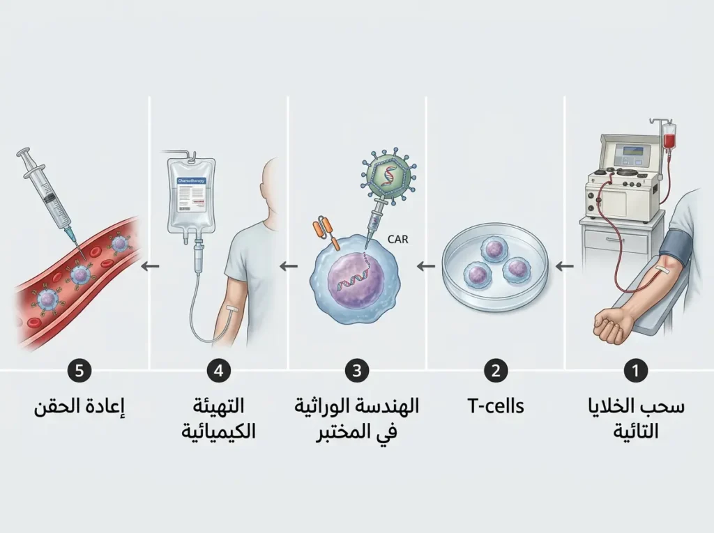 خطوات علاج CAR T-cell من سحب الخلايا إلى إعادة حقنها في جسم المريض