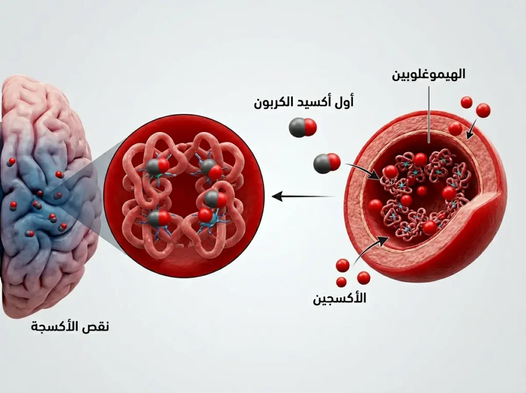 رسم طبي ثلاثي الأبعاد يوضح ارتباط أول أكسيد الكربون بالهيموغلوبين وتقليل وصول الأكسجين إلى الأنسجة.