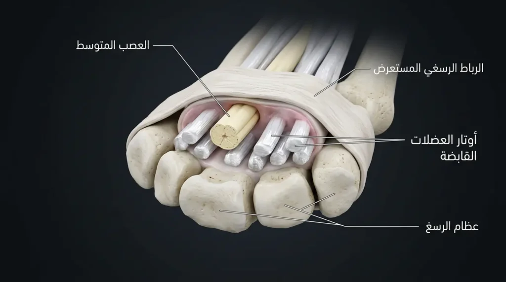مقطع تشريحي ثلاثي الأبعاد واقعي للنفق الرسغي يُظهر العصب المتوسط مضغوطاً تحت الرباط الرسغي المستعرض بين أوتار العضلات القابضة وعظام الرسغ