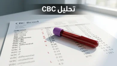 ورقة نتائج تحليل CBC مع أنبوب دم على مكتب طبي نظيف