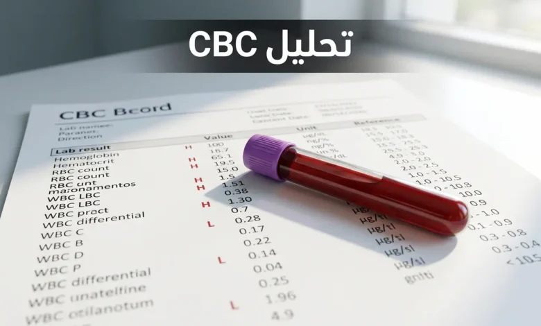 ورقة نتائج تحليل CBC مع أنبوب دم على مكتب طبي نظيف