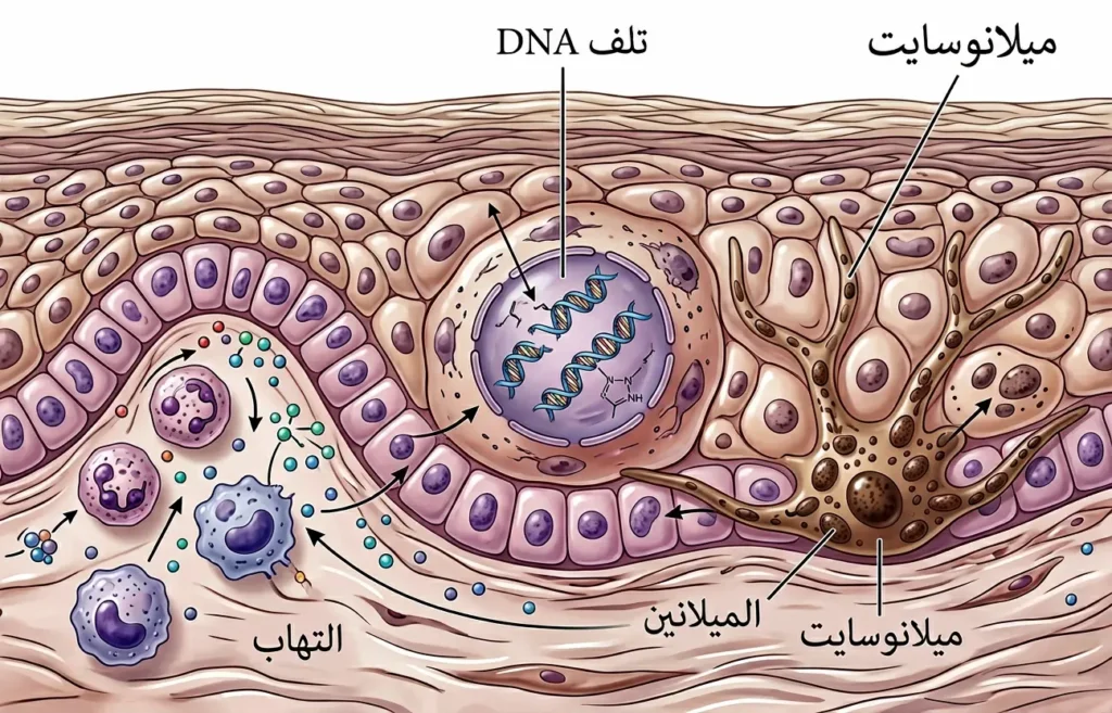 رسم طبي مجهري يوضح تلف الحمض النووي والالتهاب وتنشيط الخلية الصبغية بعد الأشعة فوق البنفسجية.