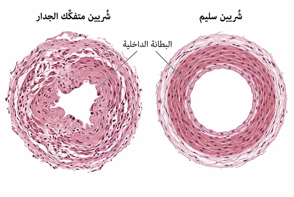 مقطع مجهري مقارن يُظهر جدار شُريين دماغي سليم مقابل شُريين متفكِّك البنية في مرض الأوعية الصغيرة