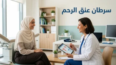 صورة غلاف مقال سرطان عنق الرحم تُظهر امرأة شابة في عيادة نسائية حديثة تتحدث مع طبيبتها في أجواء مطمئنة عنوان الصورة: سرطان عنق الرحم — الكشف المبكر والوقاية
