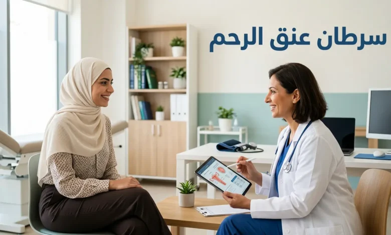 صورة غلاف مقال سرطان عنق الرحم تُظهر امرأة شابة في عيادة نسائية حديثة تتحدث مع طبيبتها في أجواء مطمئنة عنوان الصورة: سرطان عنق الرحم — الكشف المبكر والوقاية