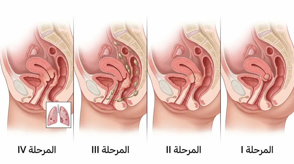 رسم طبي يُوضّح مراحل سرطان عنق الرحم الأربع وفق تصنيف FIGO من المرحلة الأولى حتى الرابعة