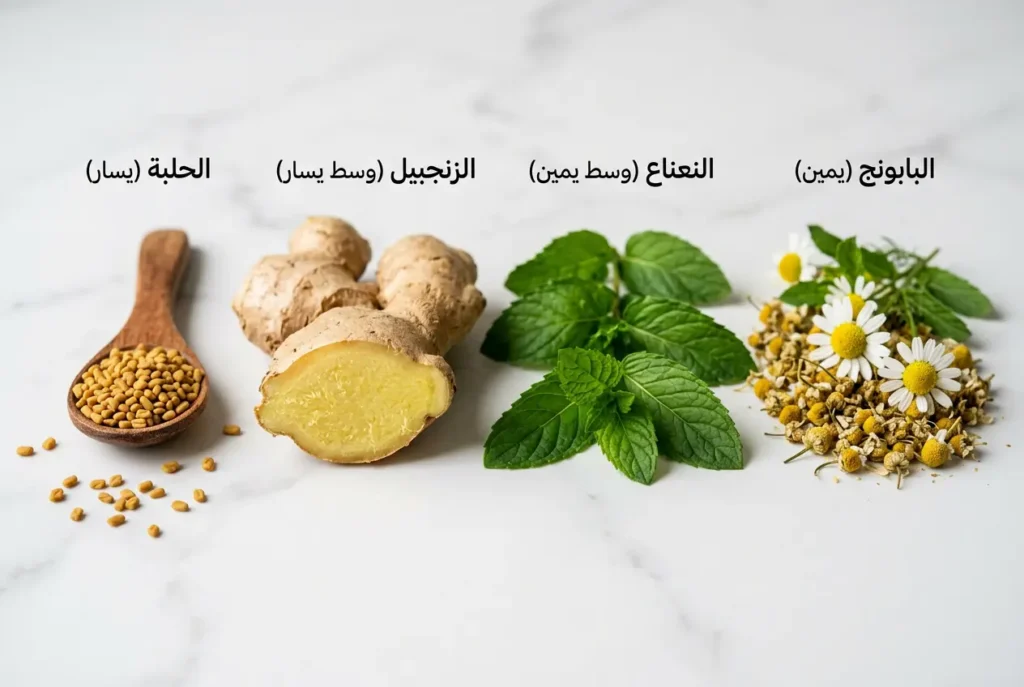 أعشاب طبيعية داعمة لصحة الأمعاء: البابونج والنعناع والزنجبيل والحلبة مرتبة على رخام أبيض
