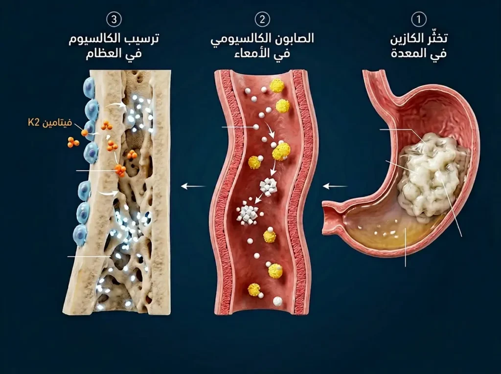  رسم طبي ثلاثي الأبعاد يُظهر مسار معالجة الجبن في الجسم من المعدة إلى الأمعاء إلى العظام