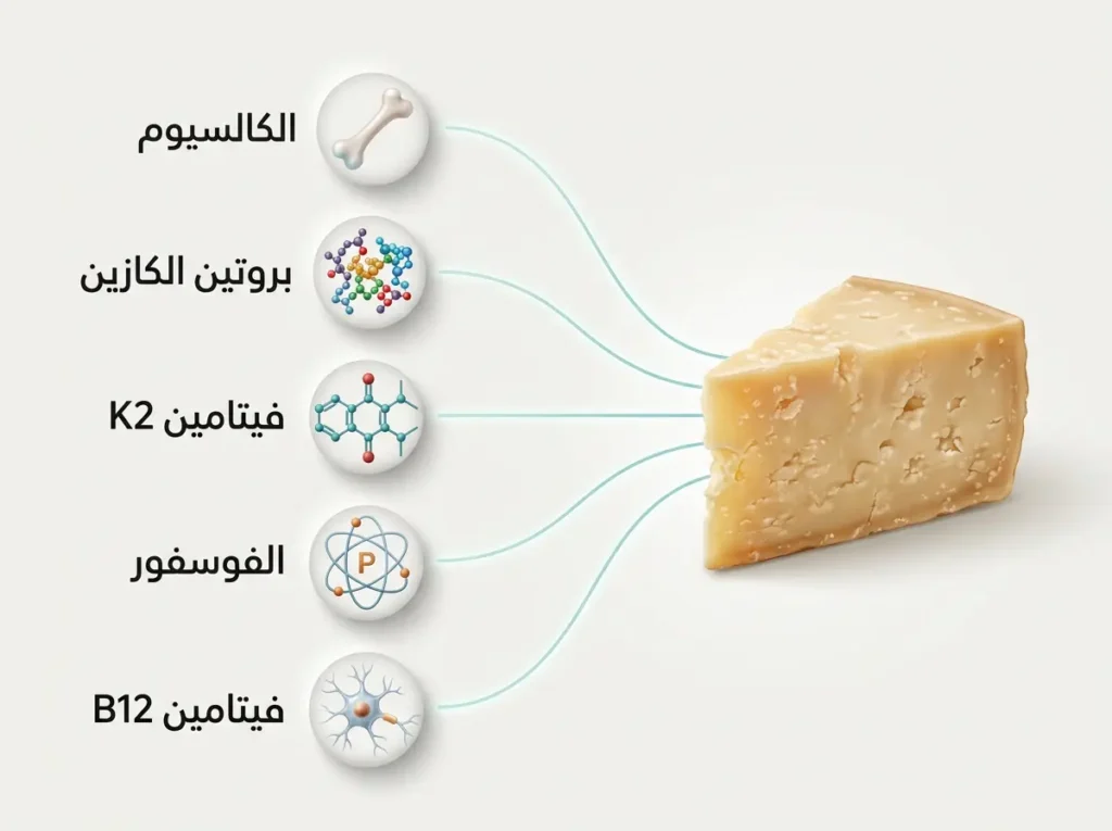 رسم توضيحي طبي يُظهر المغذيات الرئيسية داخل قطعة الجبن المعتّق بما فيها الكالسيوم والكازين وفيتامين K2