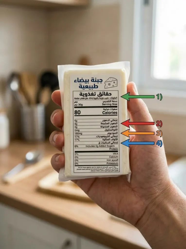 يد تمسك عبوة جبن مع تكبير واضح لبطاقة القيم الغذائية وتمييز النقاط الجوهرية للقراءة