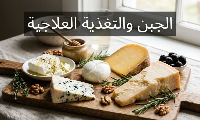 تشكيلة من أنواع الجبن الطبيعي المختلفة على لوح خشبي مع أعشاب طازجة وجوز وعسل