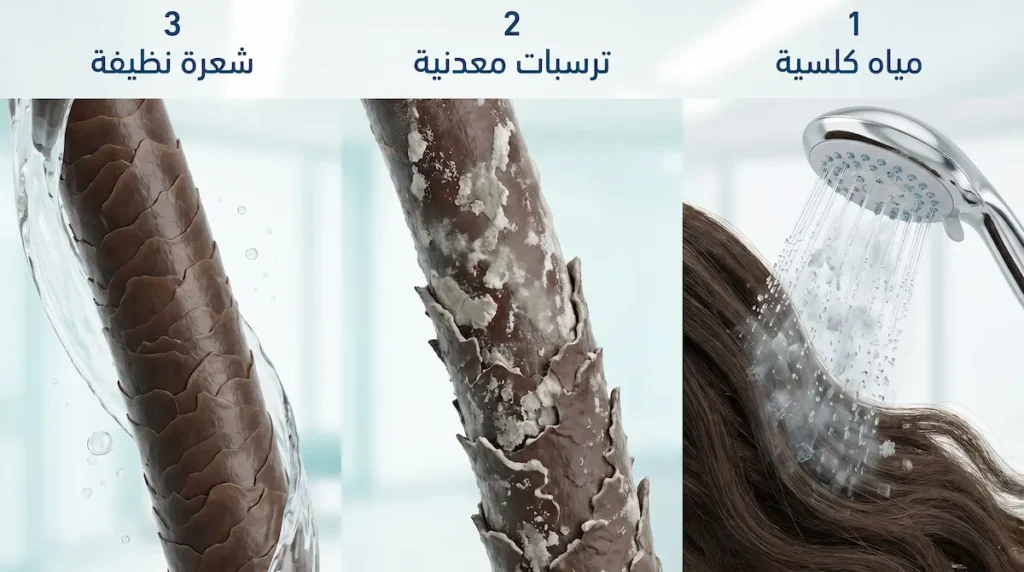  رسم ثلاثي الأبعاد يوضح تأثير المياه الكلسية على الشعر عبر تراكم المعادن على الشعرة ثم إزالة هذه الترسبات بالتنظيف المخلبي