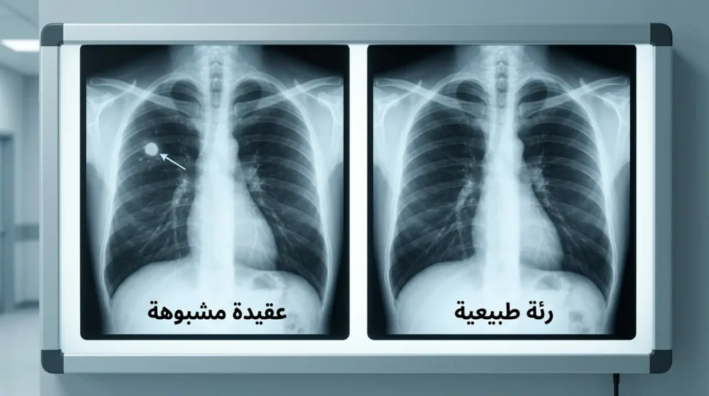 مقارنة بين صورة أشعة سينية لصدر طبيعي وأخرى تُظهر عقيدة رئوية مشبوهة على شاشة إضاءة في غرفة أشعة