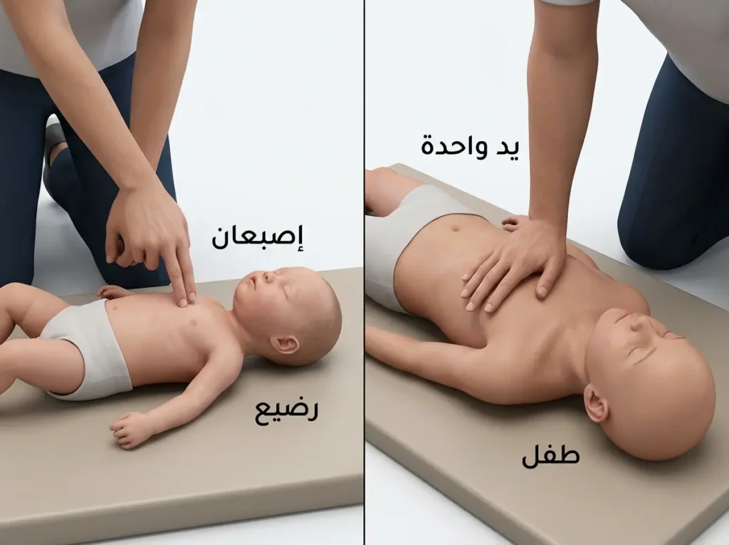 مقارنة طبية ثلاثية الأبعاد بين إنعاش الطفل بيد واحدة وإنعاش الرضيع بإصبعين.