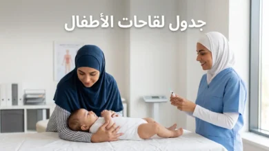 أم عربية تحمل رضيعها بهدوء في عيادة أطفال نظيفة بينما ممرضة تستعد لإعطاء التطعيم