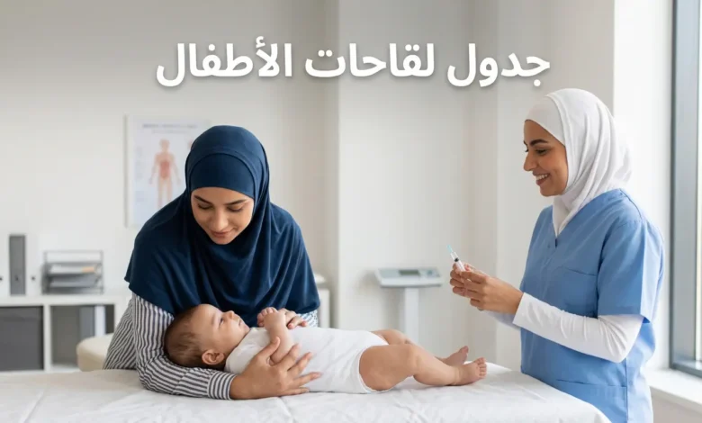 أم عربية تحمل رضيعها بهدوء في عيادة أطفال نظيفة بينما ممرضة تستعد لإعطاء التطعيم