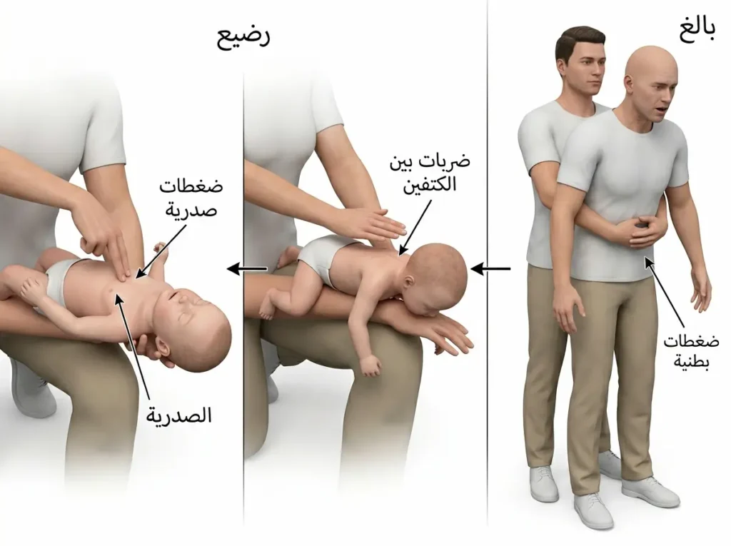 رسم طبي ثلاثي الأبعاد يوضح إسعاف الاختناق للبالغ والرضيع في لوحات مقارنة.