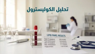 صورة غلاف مقال تحليل الكوليسترول تُظهر أنبوب دم وورقة نتائج مخبرية وسماعة طبية على طاولة مختبر نظيفة