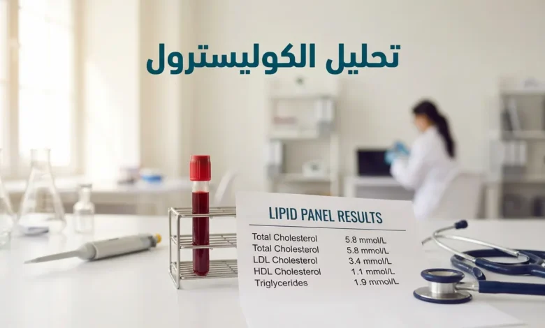 صورة غلاف مقال تحليل الكوليسترول تُظهر أنبوب دم وورقة نتائج مخبرية وسماعة طبية على طاولة مختبر نظيفة