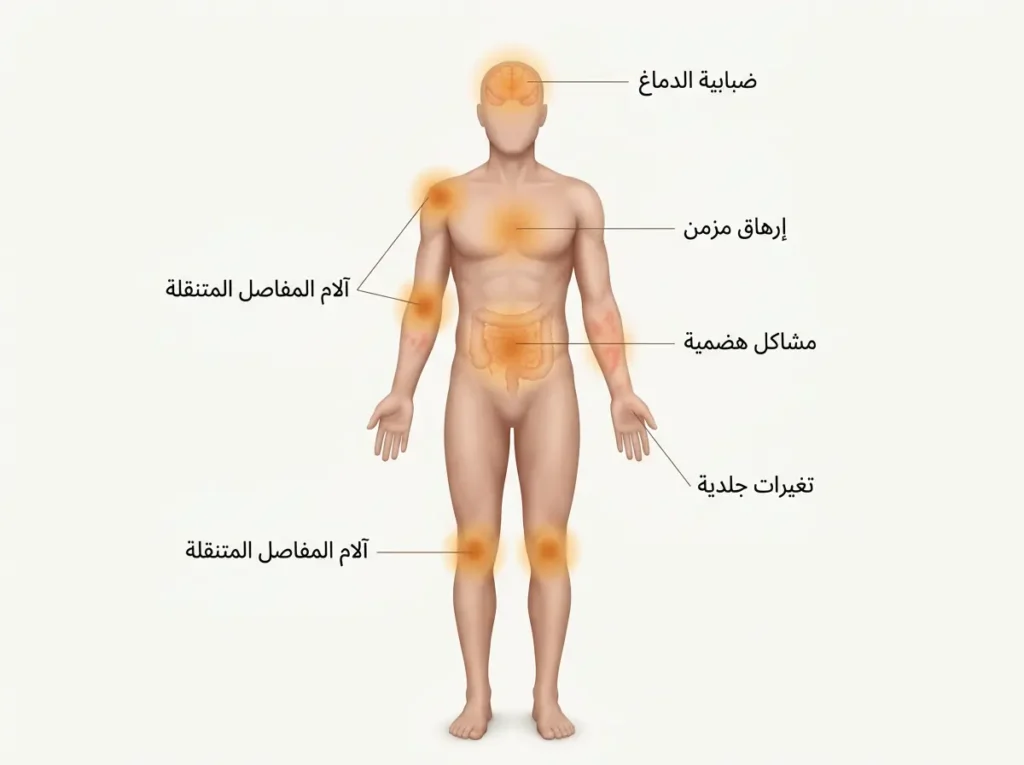 رسم توضيحي لجسم بشري يُظهر مناطق العلامات التحذيرية للالتهاب المزمن الجهازي من ضبابية الدماغ وإرهاق مزمن وآلام مفاصل ومشاكل هضمية وتغيرات جلدية