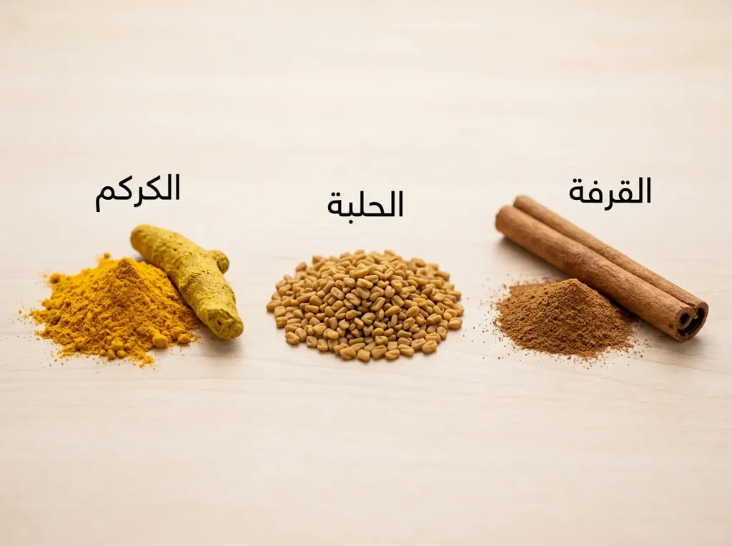 صورة ماكرو لثلاثة أعشاب طبية — القرفة والحلبة والكركم — المستخدمة كمكملات في إدارة السكر.