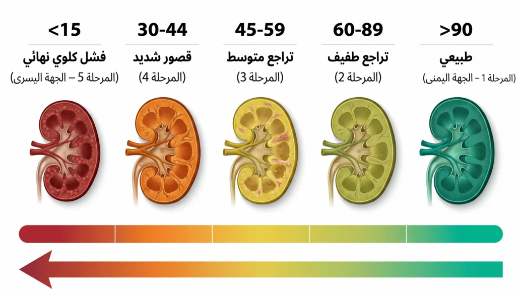 رسم توضيحي يُظهر المراحل الخمس لأمراض الكلى المزمنة مع قيم eGFR المقابلة لكل مرحلة من الطبيعي حتى الفشل الكلوي النهائي