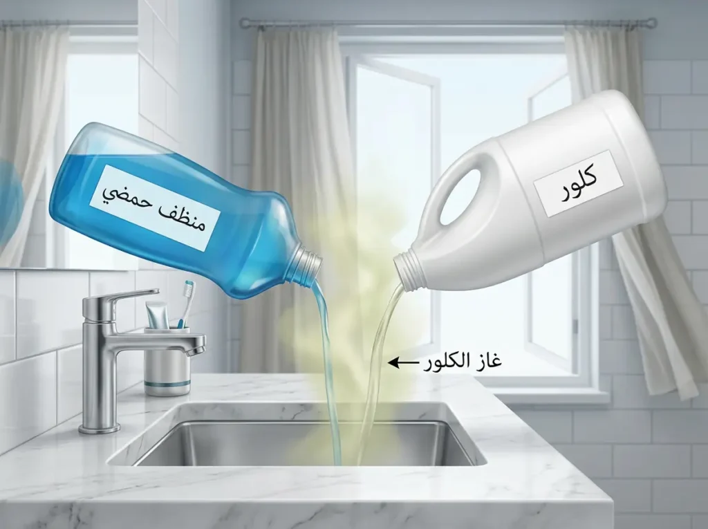 توضيح علمي يبيّن أن خلط الكلور مع منظف حمضي ينتج غاز الكلور السام