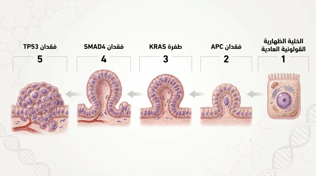 رسم طبي واقعي يوضّح تسلسل الطفرات الجينية المؤدية لسرطان القولون وفق نموذج فوغلشتاين