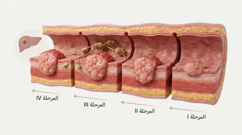 نموذج ثلاثي الأبعاد يوضّح مراحل سرطان القولون الأربع حسب عمق اختراق الورم لطبقات جدار القولون