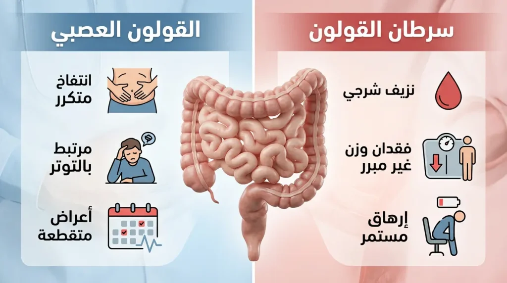 مقارنة بصرية بين أعراض سرطان القولون التحذيرية وأعراض القولون العصبي