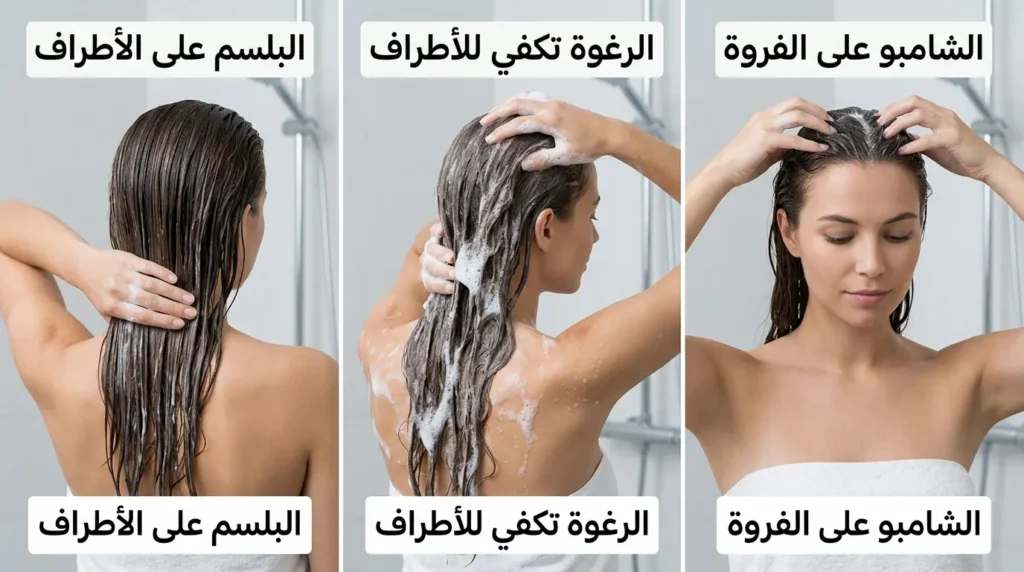 تسلسل بصري من ثلاث لقطات يوضح وضع الشامبو على الفروة فقط ثم ترك الرغوة تنظف الأطراف ثم وضع البلسم على الأطراف.
