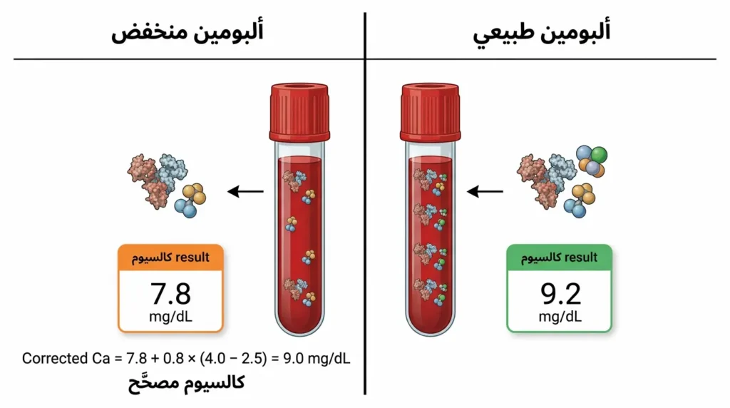رسم توضيحي علمي يقارن بين تأثير الألبومين الطبيعي والمنخفض على قراءة الكالسيوم في الدم مع عرض معادلة الكالسيوم المصحَّح