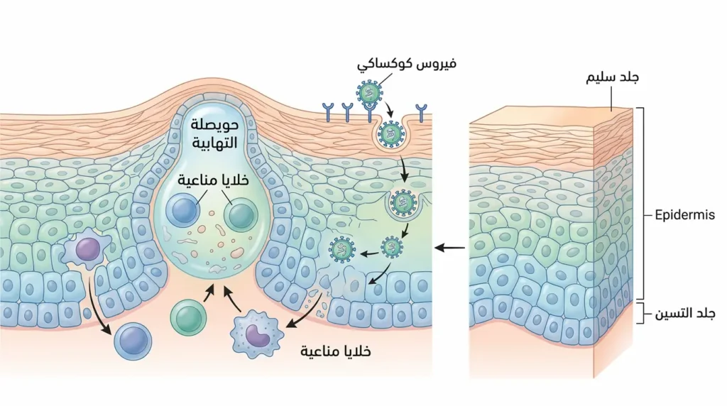رسم طبي يوضح كيف يدخل فيروس كوكساكي خلايا الجلد ويُكوّن الحويصلات الالتهابية