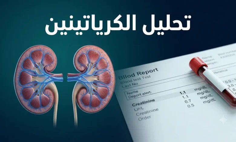 صورة غلاف مقال تحليل الكرياتينين في الدم تُظهر الكليتين وأنبوب فحص الدم على خلفية طبية احترافية