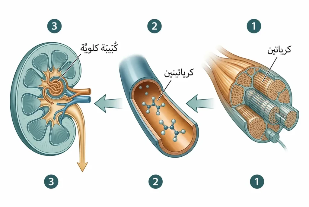 رسم توضيحي طبي يُظهر مسار تحول الكرياتين في العضلة إلى كرياتينين في الدم ثم ترشيحه عبر الكُبَيبة الكلوية