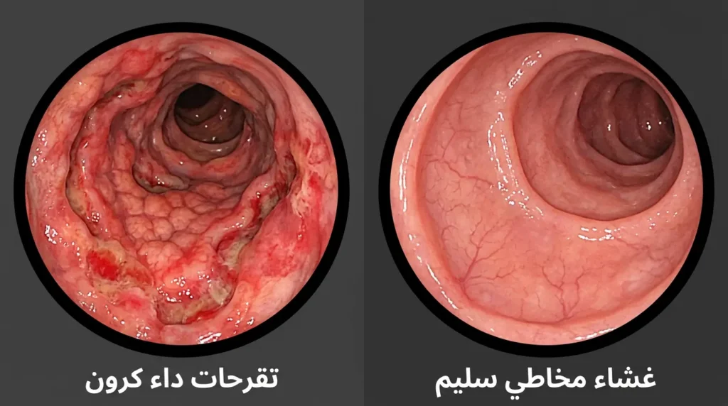 مقارنة بين صورتين تنظيريتين للأمعاء تُظهر الغشاء المخاطي السليم على اليمين وتقرحات داء كرون العميقة ذات النمط الحصوي على اليسار.