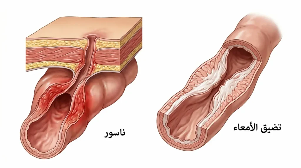 رسم طبي واقعي يوضح مضاعفات داء كرون الرئيسة وهي تضيق الأمعاء الناتج عن التليف والناسور الممتد من جدار الأمعاء الملتهب.