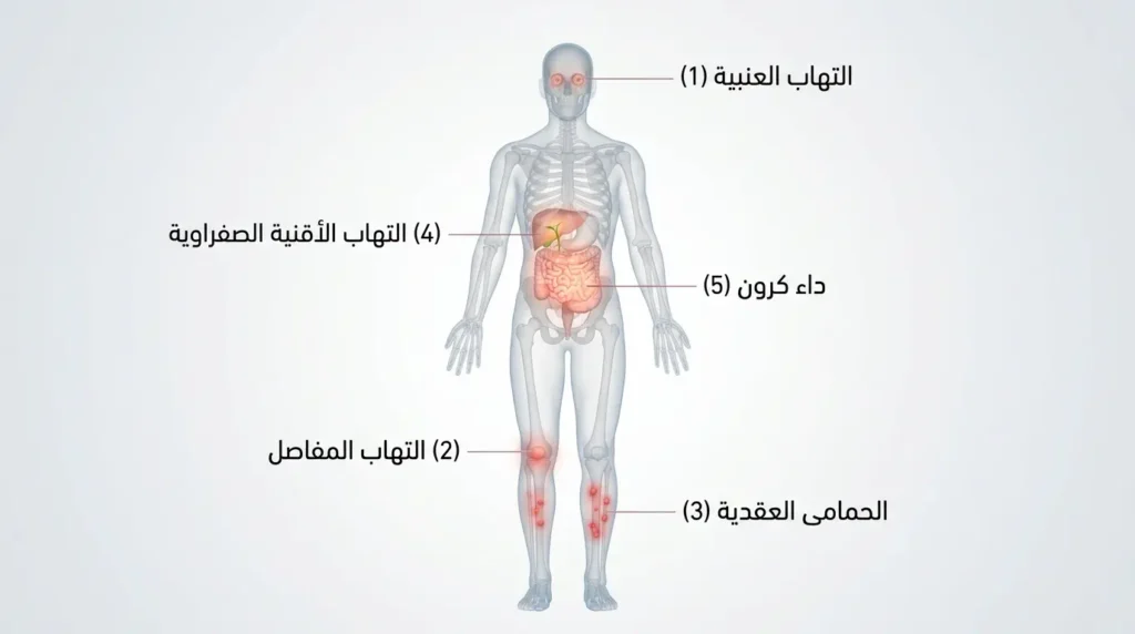 رسم ثلاثي الأبعاد واقعي لجسم الإنسان يوضح الأعراض خارج الجهاز الهضمي لداء كرون مثل التهاب العنبية والمفاصل والحمامى العقدية والتهاب الأقنية الصفراوية.
