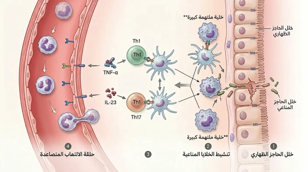 رسم طبي واقعي يوضح السلسلة الالتهابية في داء كرون على المستوى الخلوي من خلل الحاجز الظهاري إلى إفراز السيتوكينات TNF-α وIL-23 وحلقة الالتهاب المتصاعدة.