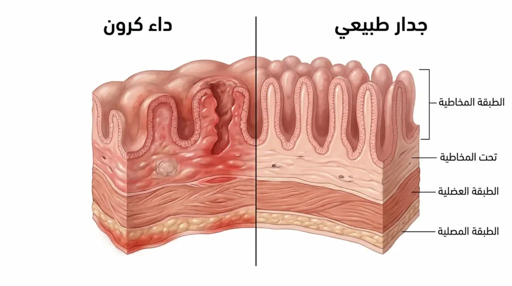 مقطع عرضي مقارن لجدار الأمعاء يوضح الطبقات الأربع في الحالة الطبيعية مقابل الالتهاب العميق عبر كل الطبقات في داء كرون.