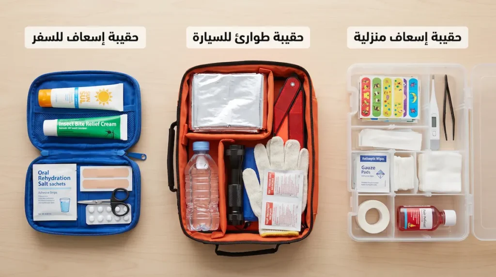 مقارنة علوية بين ثلاث حقائب إسعافات مخصصة للمنزل والسيارة والسفر مع اختلاف المحتويات بحسب الاستخدام.