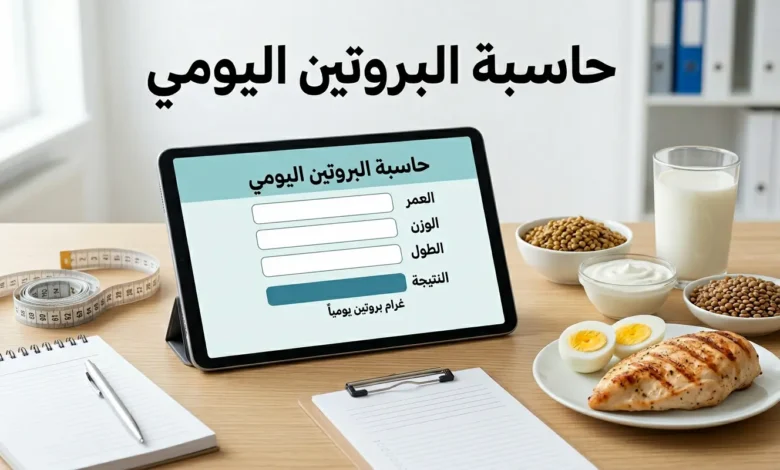 صورة واقعية لحاسبة البروتين اليومي على جهاز لوحي مع أطعمة غنية بالبروتين مثل الدجاج والبيض والزبادي والعدس في مشهد طبي صحي احترافي