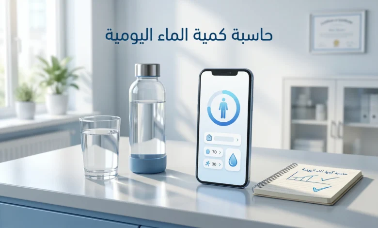 صورة غلاف لصفحة حاسبة كمية الماء اليومية تظهر كأس ماء وزجاجة وهاتفاً في بيئة طبية نظيفة