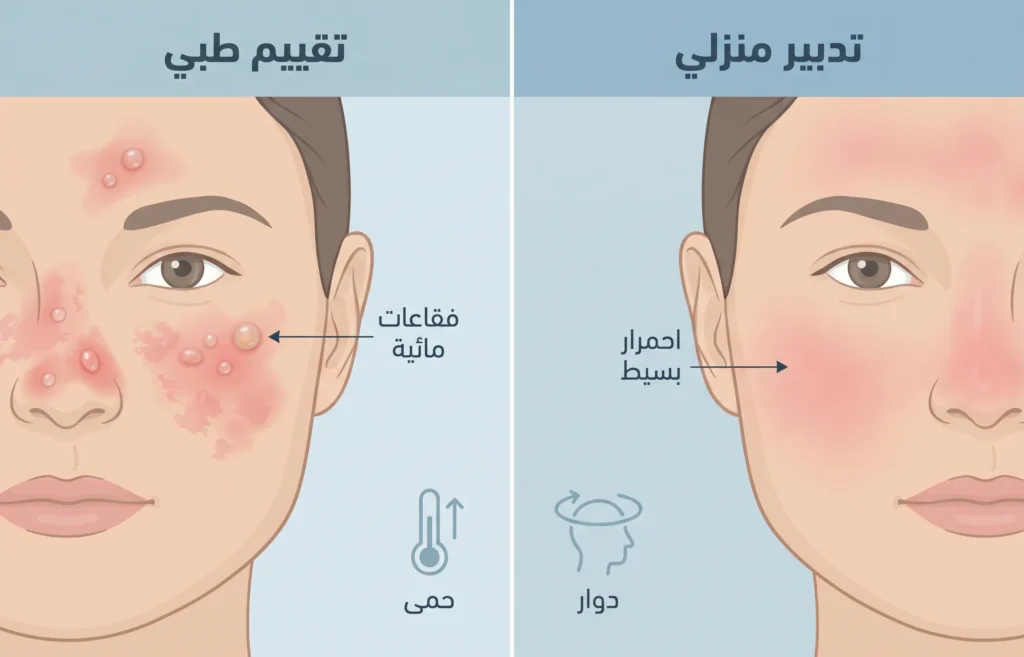 مقارنة طبية نظيفة بين احمرار شمسي بسيط وعلامات خطر مثل الفقاعات المائية والحمى والدوار.
