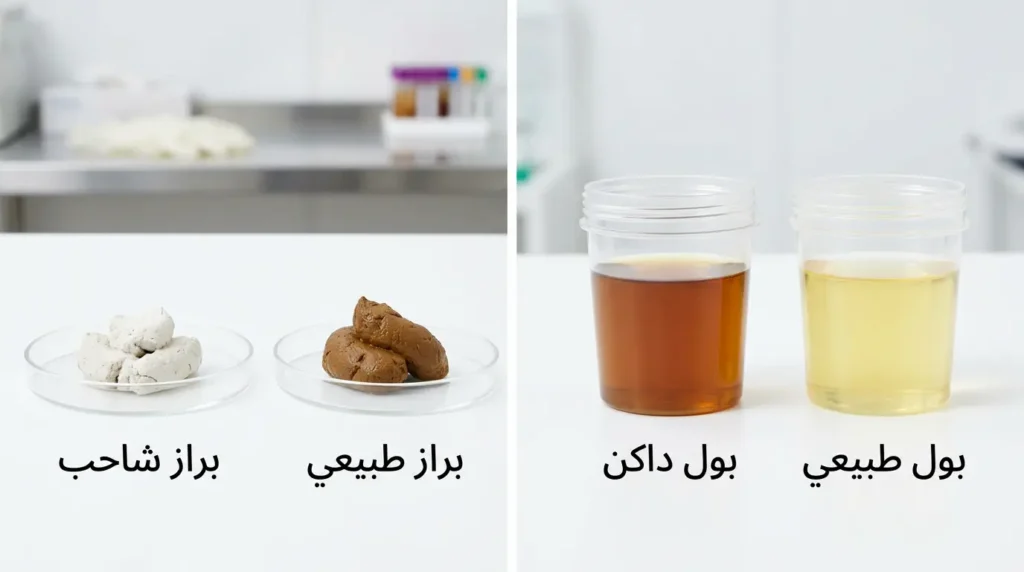 مقارنة سريرية بين لون البول الطبيعي والداكن ولون البراز الطبيعي والشاحب كعلامات تحذيرية مصاحبة لاصفرار العين