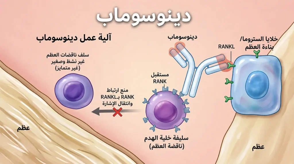 رسم طبي واقعي يوضح آلية عمل دينوسوماب في حجب بروتين RANKL ومنع تنشيط خلايا هدم العظم