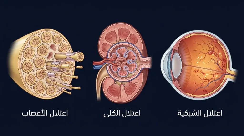 رسم طبي يُوضح المضاعفات الثلاث الرئيسية لارتفاع السكر التراكمي المزمن على العين والكلى والأعصاب.