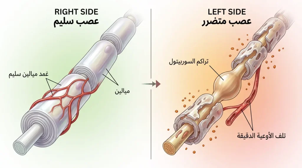 رسم طبي واقعي يقارن بين عصب طرفي سليم وعصب متضرر بسبب الاعتلال العصبي السكري مع إظهار تراكم السوربيتول وتلف الأوعية الدقيقة