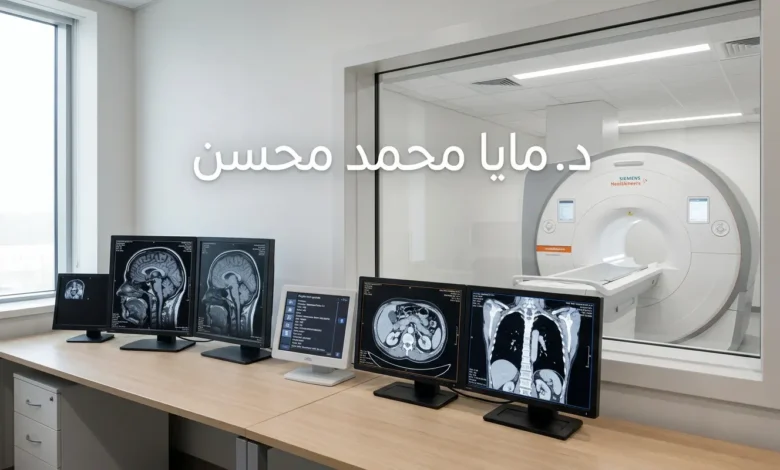 غلاف تعبيري لغرفة تصوير طبي متطورة وجهاز رنين مغناطيسي وشاشات تشخيصية مكتوب عليها د. مايا محمد محسن.